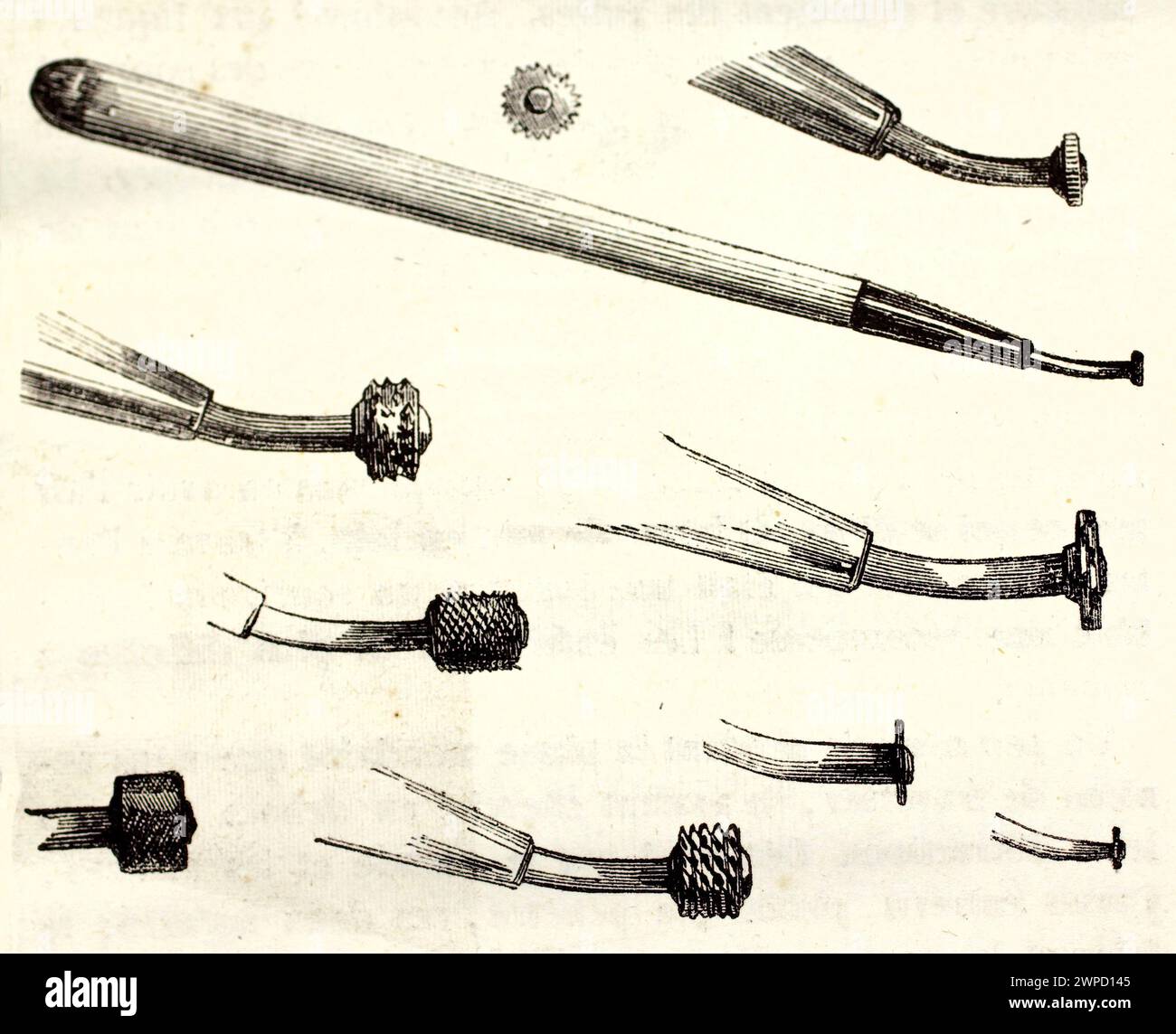Vieja ilustración de ruletas (herramientas de grabado). Por autor desconocido, publicado en Magasin pittoresque, París, 1852 Foto de stock