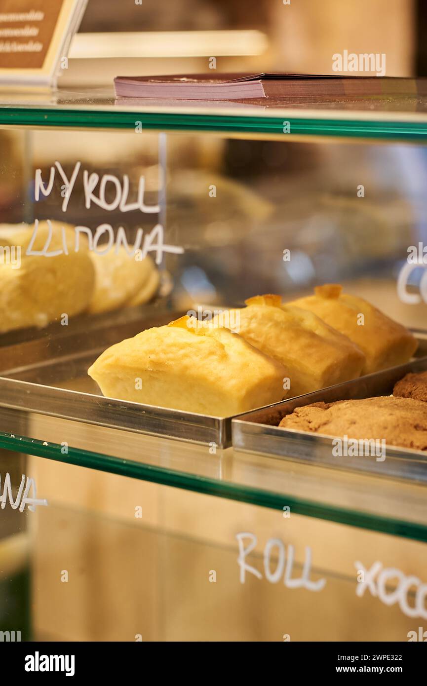 Vitrina con una variedad de pasteles y galletas, etiquetadas, en una pastelería iluminada. Foto de stock