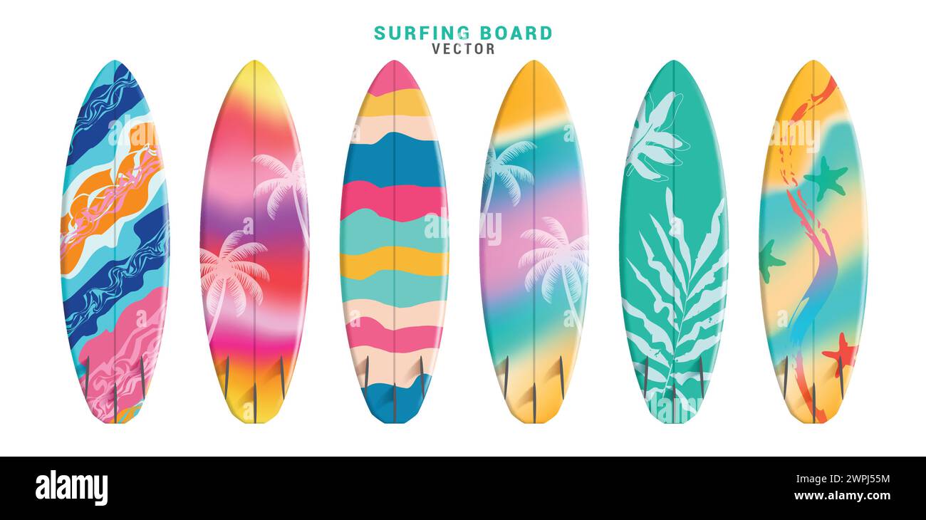 Elementos de tabla de surf de verano vector conjunto de diseño. Tabla de surf de verano en colección de patrones impresos coloridos para la actividad de deportes acuáticos de temporada tropical 3d Ilustración del Vector