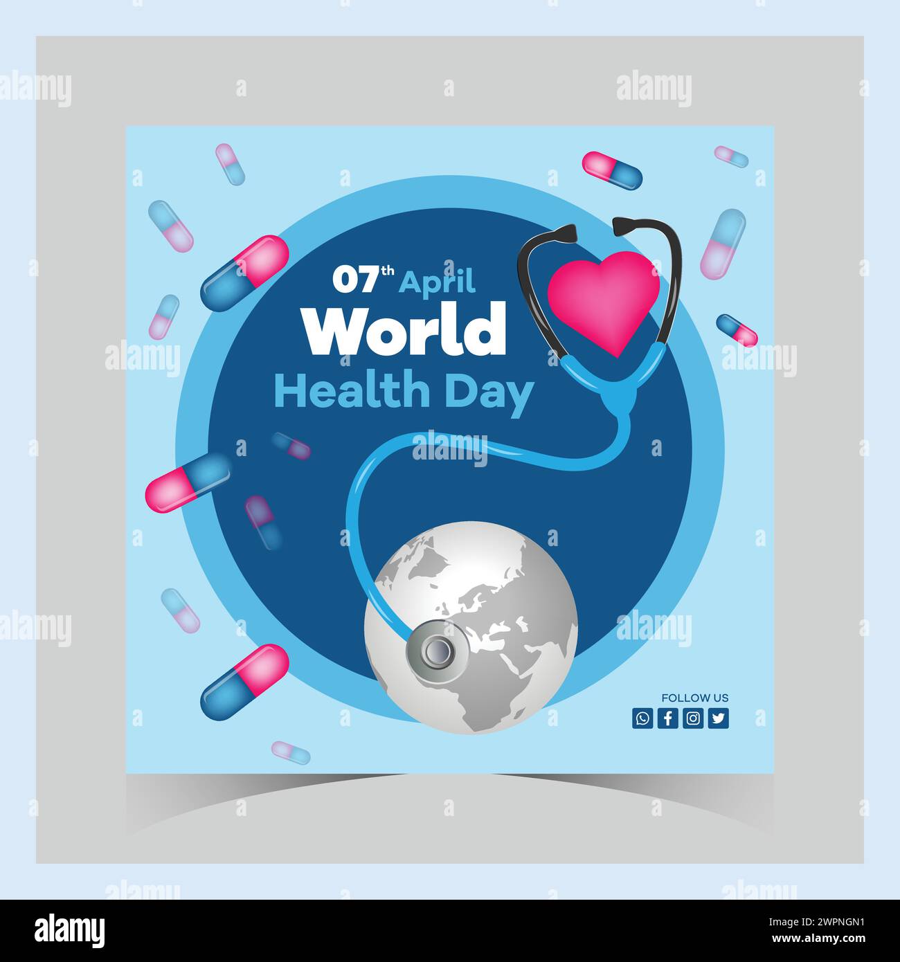 Día Mundial de la Salud Publicaciones de instagram y plantilla cuadrada de redes sociales Día mundial, salud, corazón médico, día del corazón, día médico, ilustración de salud, él Ilustración del Vector