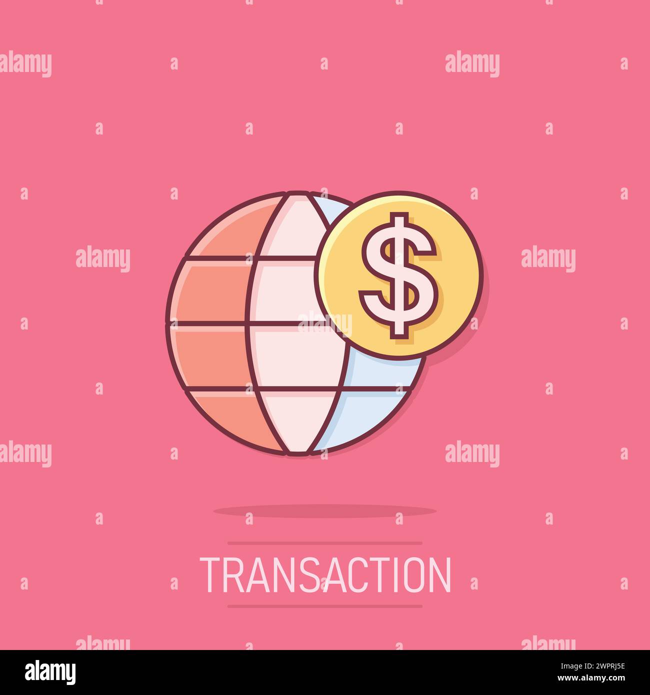 Icono de negocios global en estilo cómico. Ilustración vectorial de dibujos animados de transacción de dinero sobre fondo aislado. La seguridad de los billetes de banco tiene un efecto de salpicadura Ilustración del Vector