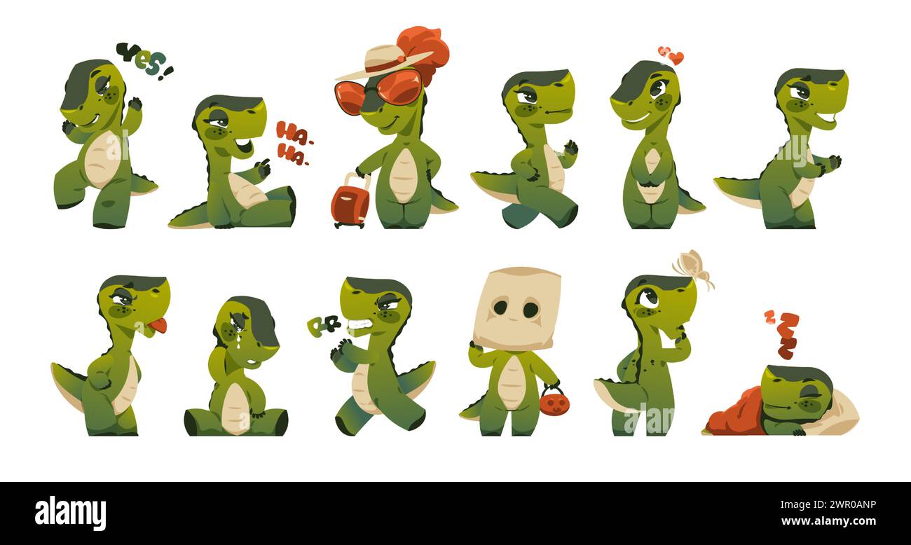 Linda mascota de dragón. Divertidos personajes de reptiles de dibujos animados prehistóricos con diferentes emociones, adorables criaturas de fantasía mitológica kawaii. Vector Ilustración del Vector