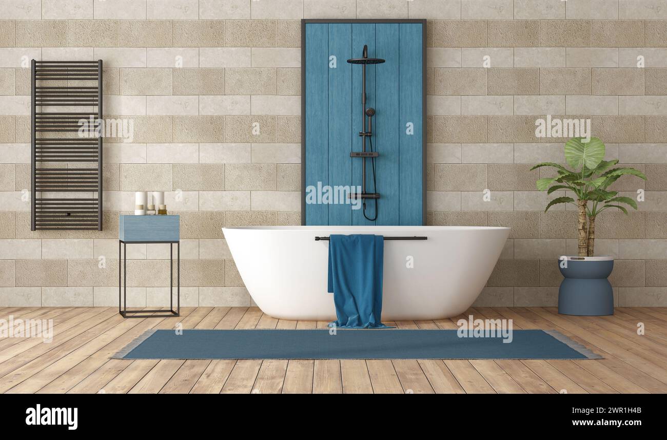 Elegante diseño de baño contemporáneo con bañera, ducha y acentos azules - representación 3D. Foto de stock