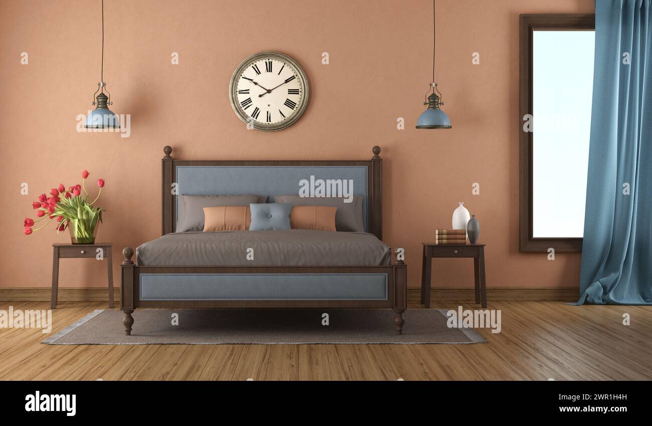 Dormitorio de estilo clásico con una decoración elegante, una cama grande y una representación vintage reloj de pared 3D. Foto de stock