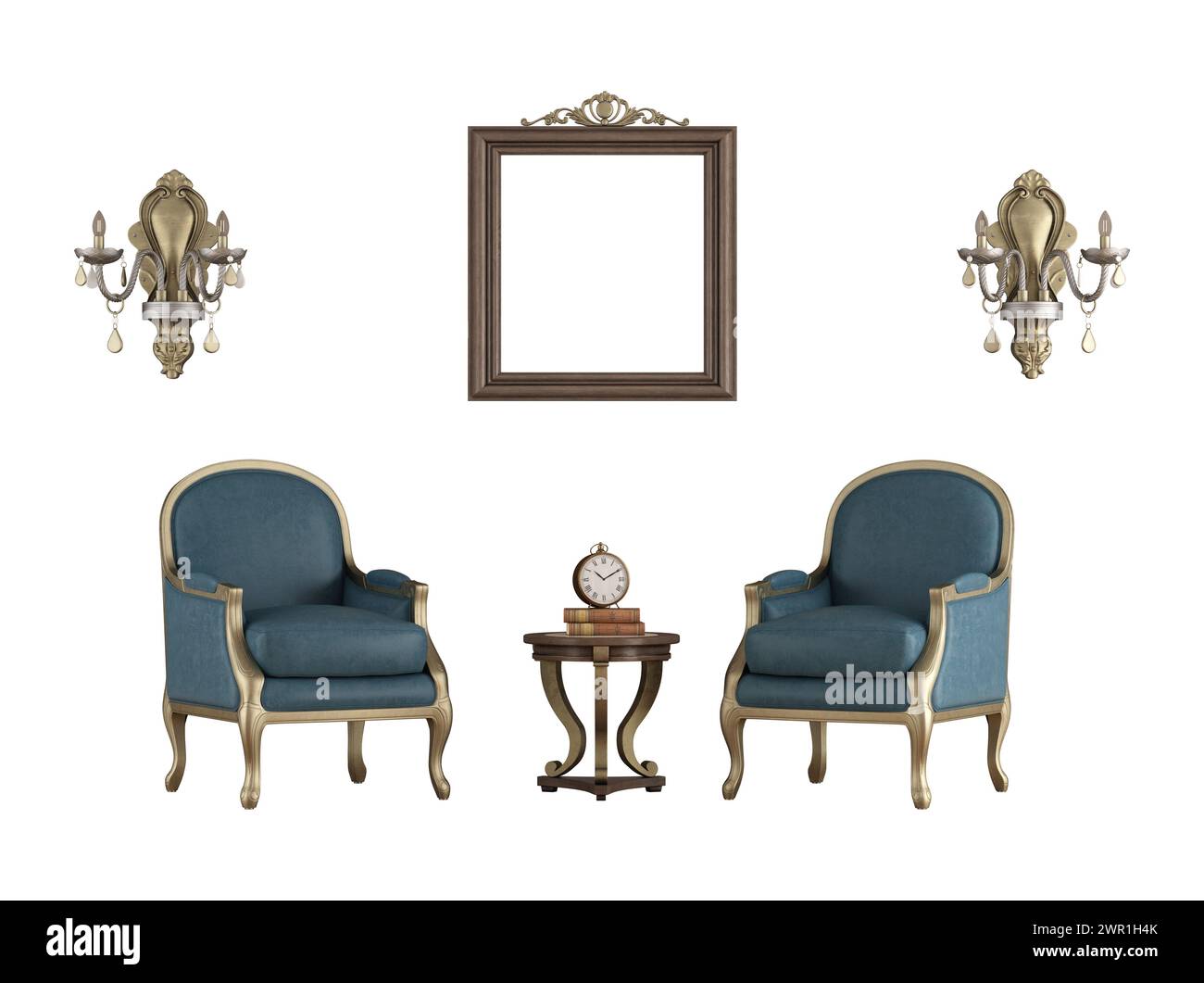 sillones clásicos, lámparas ornamentales y marco de imagen en blanco para maqueta aislada en blanco - representación 3d. Foto de stock