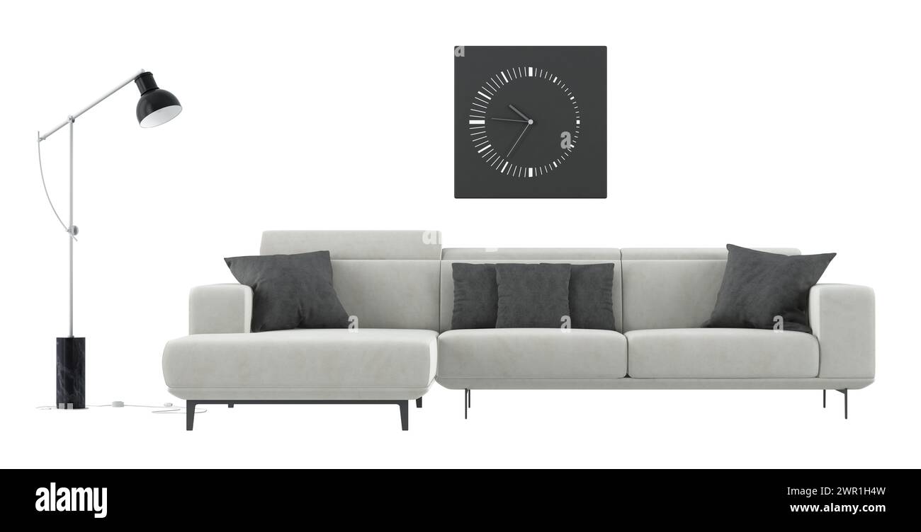 Elegante sala de estar con un sofá elegante, lámpara de pie y representación minimalista del arte de la pared del reloj - 3D. Foto de stock