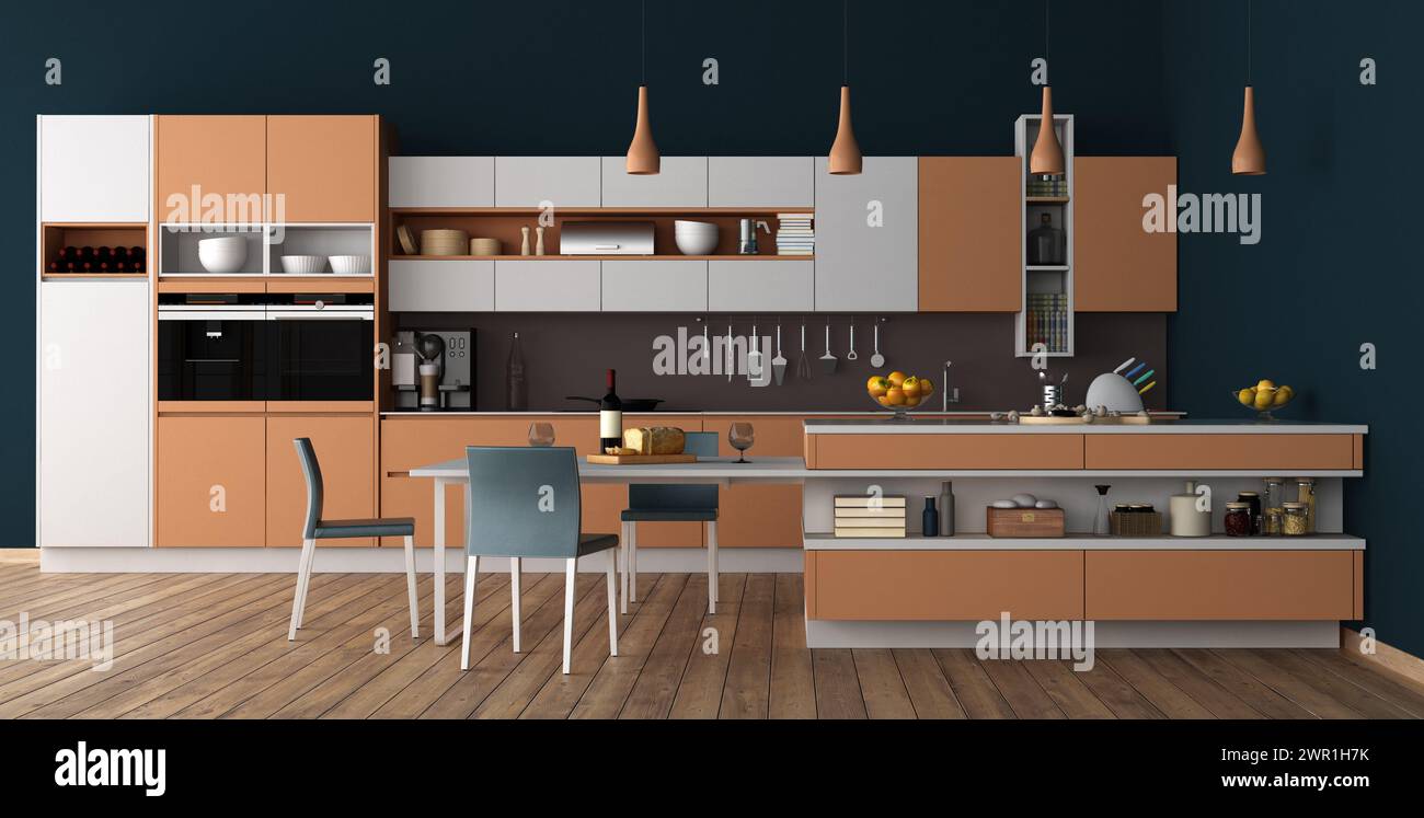Cocina contemporánea con elegantes gabinetes, electrodomésticos e isla - 3d rendering - 3d rendering Foto de stock