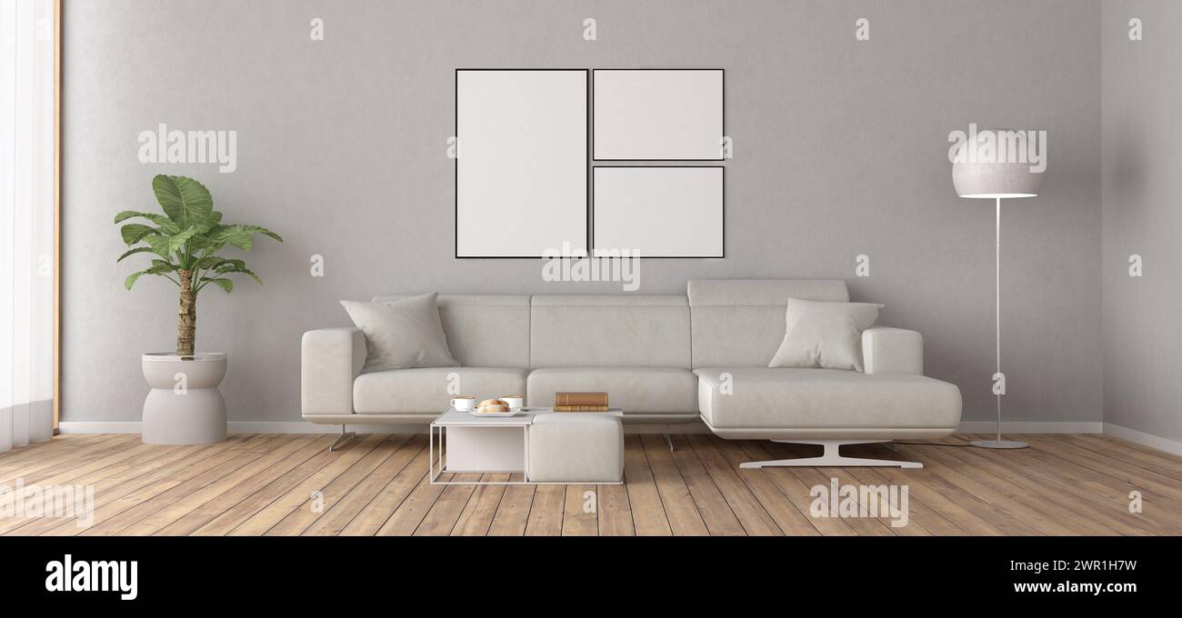 Elegante sala de estar minimalista con sofá, lámpara, planta y marcos vacíos en la pared para la representación 3d. Foto de stock