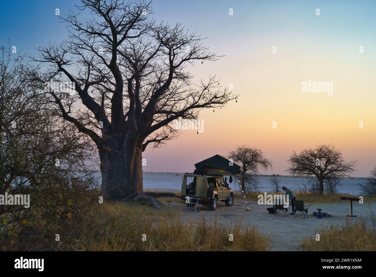 Un camping salvaje junto a un baobab en una isla rodeada por un lago seco de sal. Fuera de la carretera vehículo techo superior tienda listo para su uso. Foto de stock