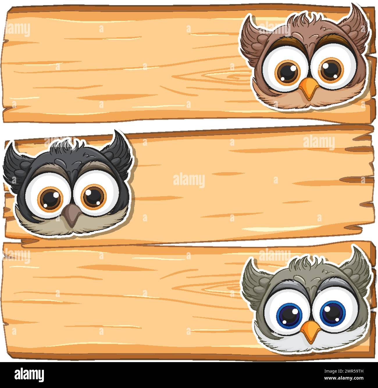 Tres búhos de dibujos animados posados en tablones de madera Imagen Vector  de stock - Alamy