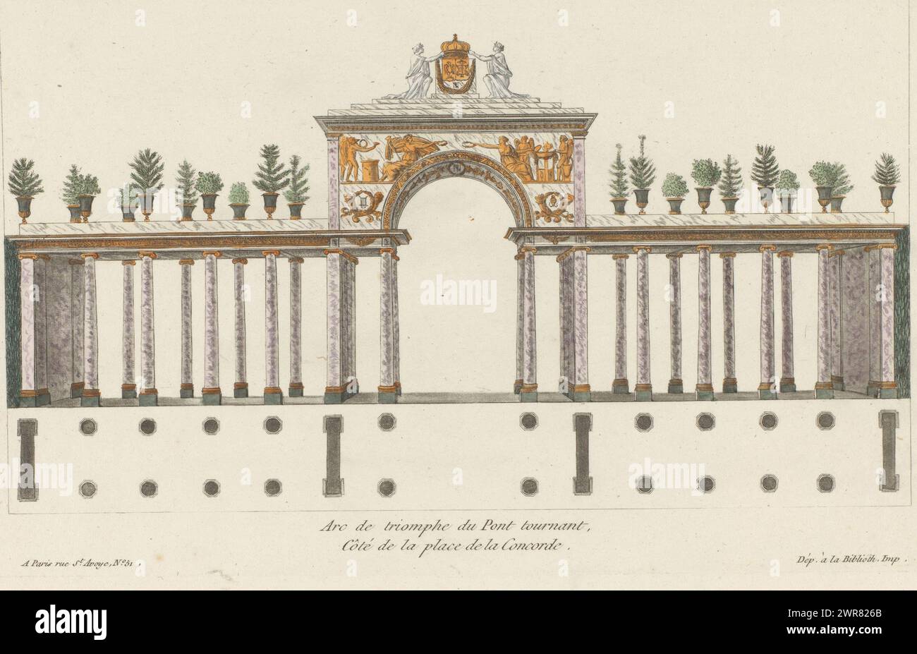 Arco de triunfo de la Place de la Concorde, Decoraciones de jardín con motivo de fiestas (título de la serie), numerado superior derecha: 43., impresor: Anonymous, impresor: J. M. Mixelle, (atribución rechazada), después del diseño por: Charles Percier, impresor: Francia, editor: París, c. 1810, papel, grabado, altura 192 mm x ancho 298 mm, impresión Foto de stock