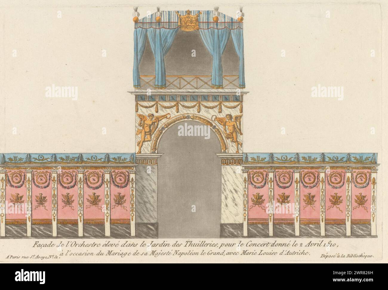 Fachada de un escenario en las Tullerías, Decoraciones de jardín para fiestas (título de la serie), impresor: Anonymous, impresor: J.M. Mixelle, (atribución rechazada), después del diseño por: Charles Percier, impresor: Francia, editor: París, 2-abr-1810, papel, grabado, altura 194 mm x ancho 290 mm, impresión Foto de stock