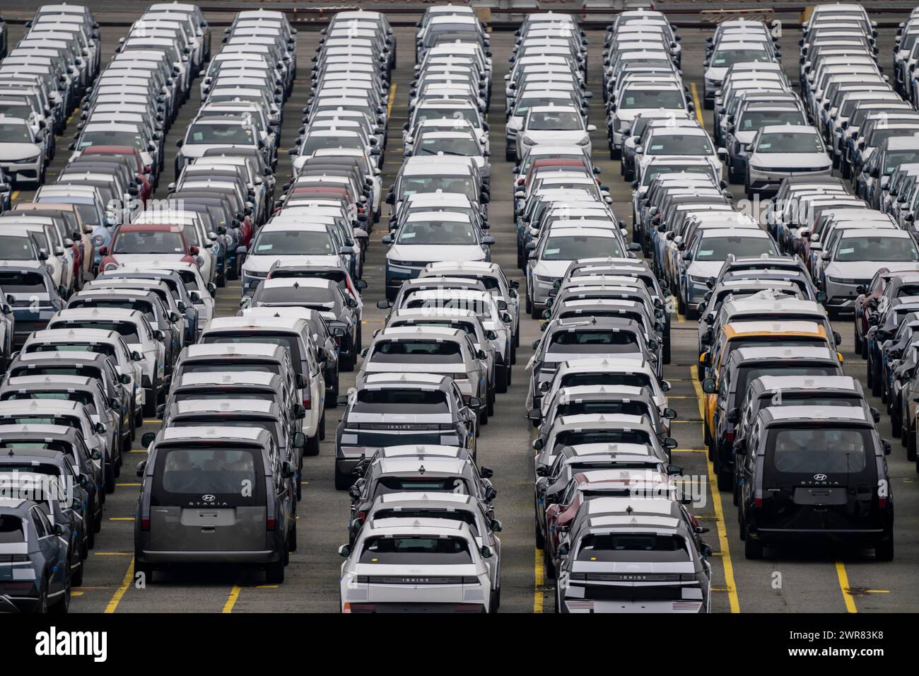 Espacio de estacionamiento para vehículos de importación, cientos de Hyundai Ioniq, coches eléctricos, en espera de transporte, en la terminal de contenedores EUROGATE en Foto de stock