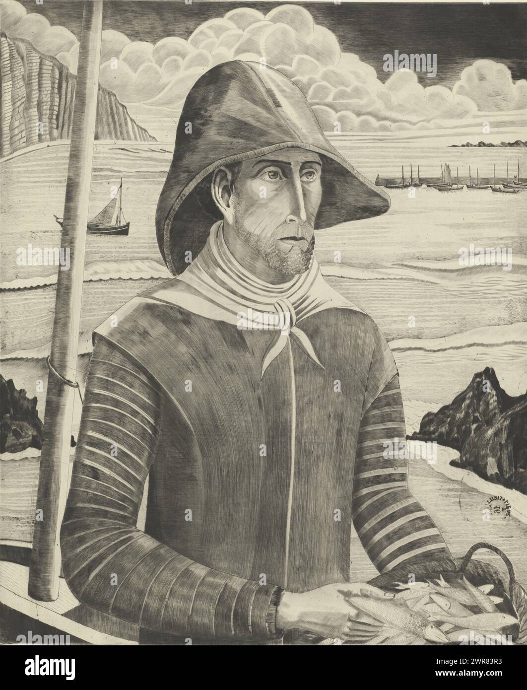 Pescador bretón, Pêcheur Breton II (título original), Un hombre con un cabrito y un sombrero lleva una cesta de pescado en una playa. Un acantilado de mar en el fondo. En este tercer estado de la impresión, se han añadido barcos de pesca en el mar., imprenta: Lodewijk Schelfhout, (firmado por el artista), impresora: Roeloffzen & Hübner, 1929, papel, punta seca, altura 595 mm x ancho 490 mm, impresión Foto de stock