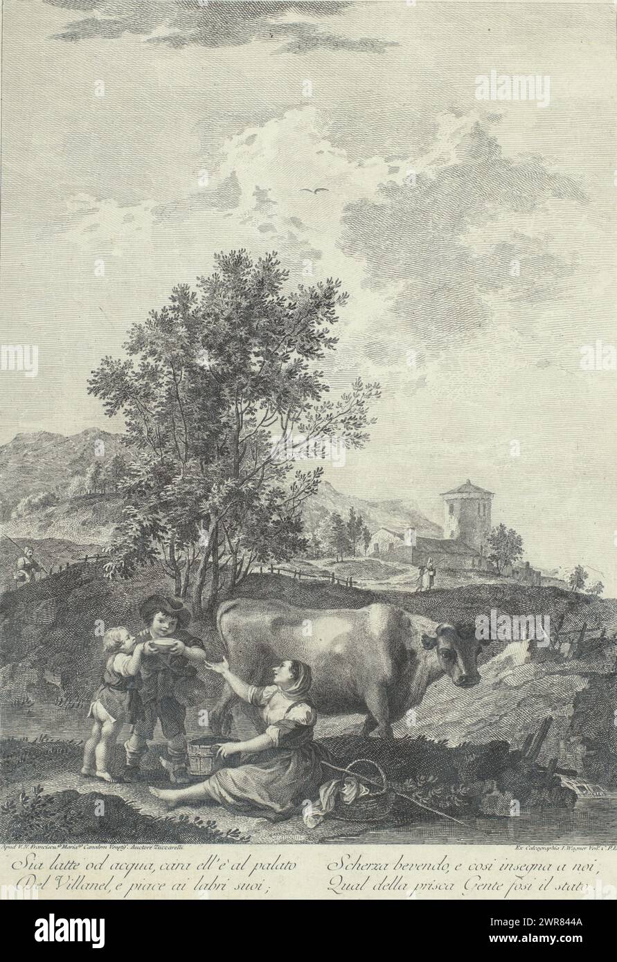 Lechera con dos niños en un paisaje, paisajes con leyenda italiana (título de la serie