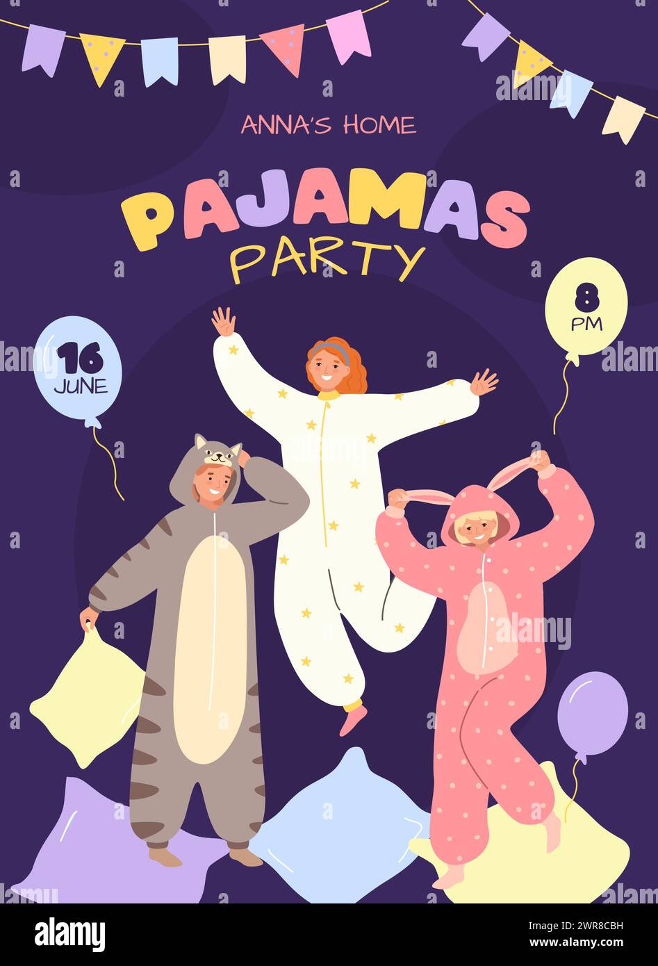 Plantilla de cartel de invitación de fiesta de pijama. Los personajes con onesies y trajes kigurumi juegan a la lucha de almohadas y se divierten en la ilustración vectorial Ilustración del Vector