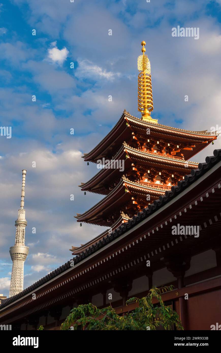 Japón entre tradición y modernidad. Antigua pagoda de Senso-ji hermosa en Asakusa con el nuevo árbol Skytree de Tokio, la torre más alta del mundo Foto de stock