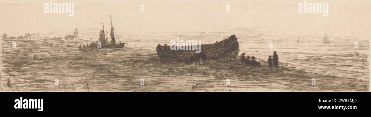 Barcos en la playa de Katwijk, Vista de una playa con dos barcos tirados en tierra seca. Junto a él, las figuras se paran y se sientan en la arena., impresor: Carel Nicolaas Storm van 's-Gravesande, (firmado por el artista), Países Bajos, 1887 - 1889, papel, drypoint, altura 75 mm x ancho 280 mm, impresión Foto de stock