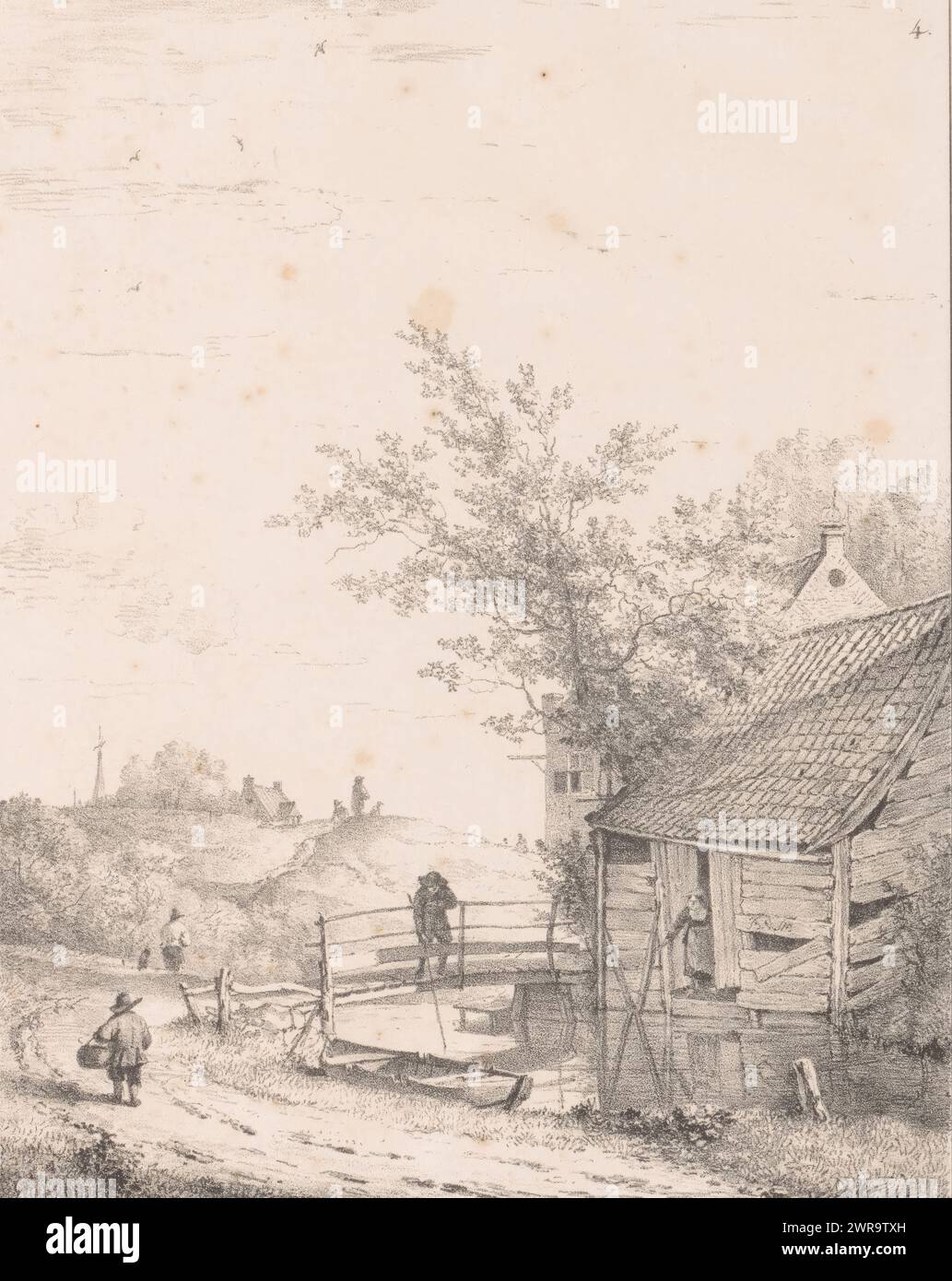 Paisaje con río y granero, Paisajes (título de la serie), Paisaje con río. Un puente de madera sobre el río en el que un hombre está pescando. A la derecha de ella es un granero con una mujer en la puerta. A la izquierda un camino por el que camina una figura con una cesta en el brazo. Colinas y una granja a la izquierda en la distancia., impresor: Bruno van Straaten (I), impresor: Johannes Paulus Houtman, editor: Johannes Paulus Houtman, Utrecht, c. 1858 - c. 1859, papel, altura 378 mm x ancho 268 mm, impresión Foto de stock
