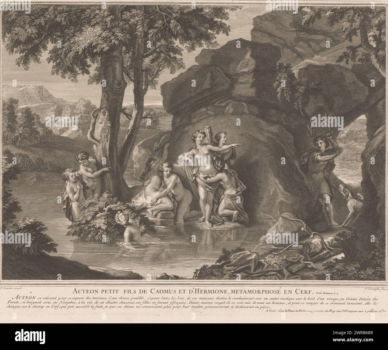 Diana y Actaeon, Acteon petit fils de Cadmus et d'Hermione, metamorphosé en cerf (título sobre el objeto), impresor: Nicolas de Larmessin (III), después de pintar por: Balthasar van Lemens, Publius Ovidius Naso, París, 1694 - 1755, papel, grabado, grabado, altura 281 mm x ancho 354 mm, impresión Foto de stock