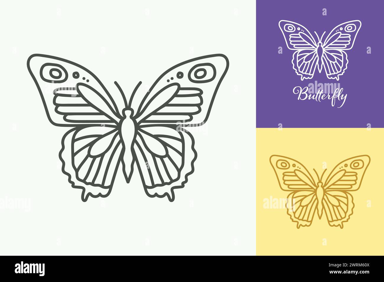 Una mariposa se dibuja en una serie de tres colores diferentes. La mariposa se dibuja en un estilo muy simple, sin sombreado ni detalles Ilustración del Vector