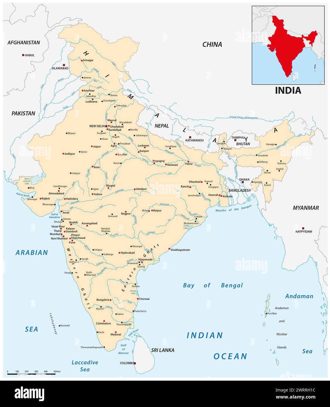 Mapa de la India con las principales ciudades Foto de stock