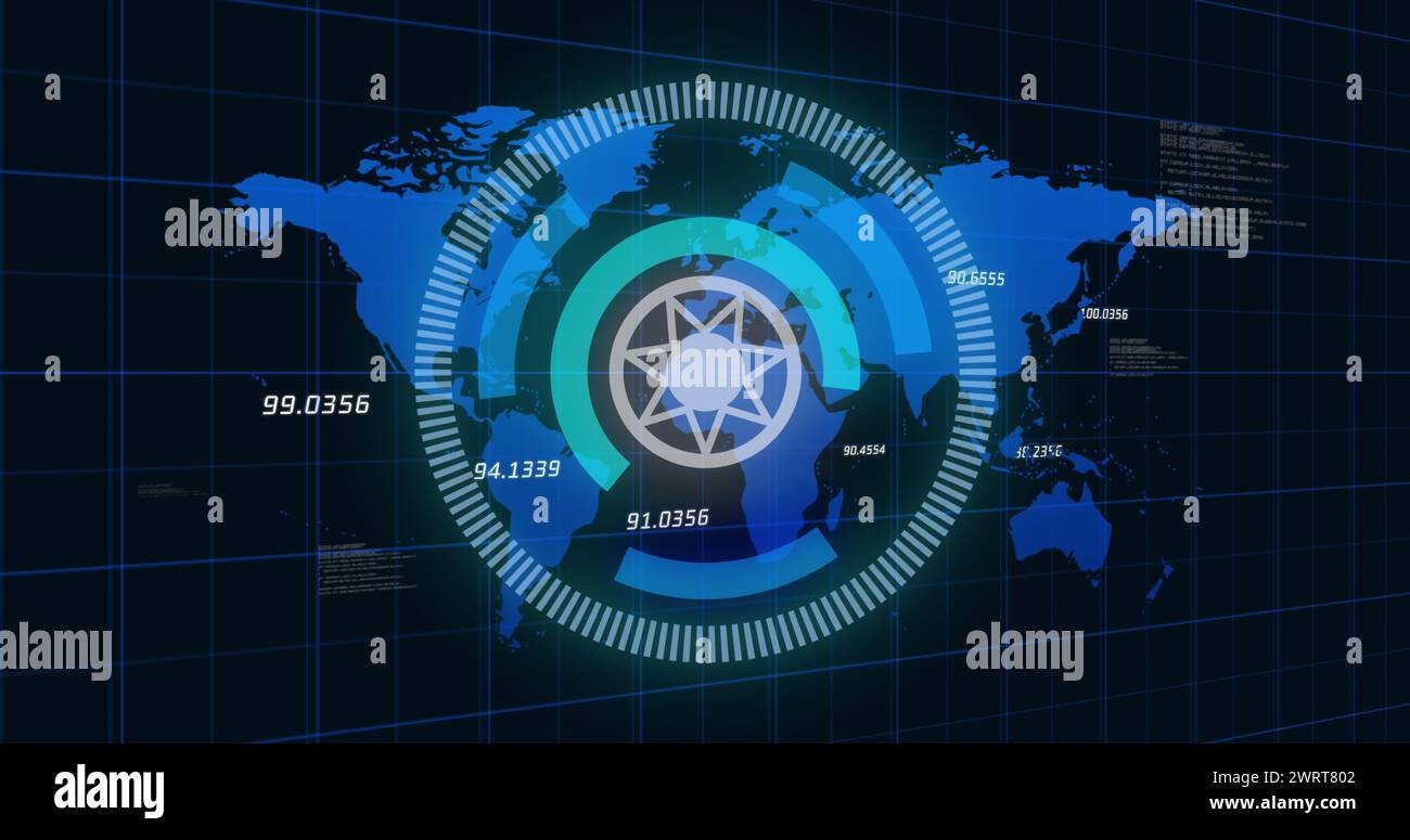Forma de estrella abstracta y escáner redondo sobre múltiples números y mapa del mundo contra fondo azul Foto de stock