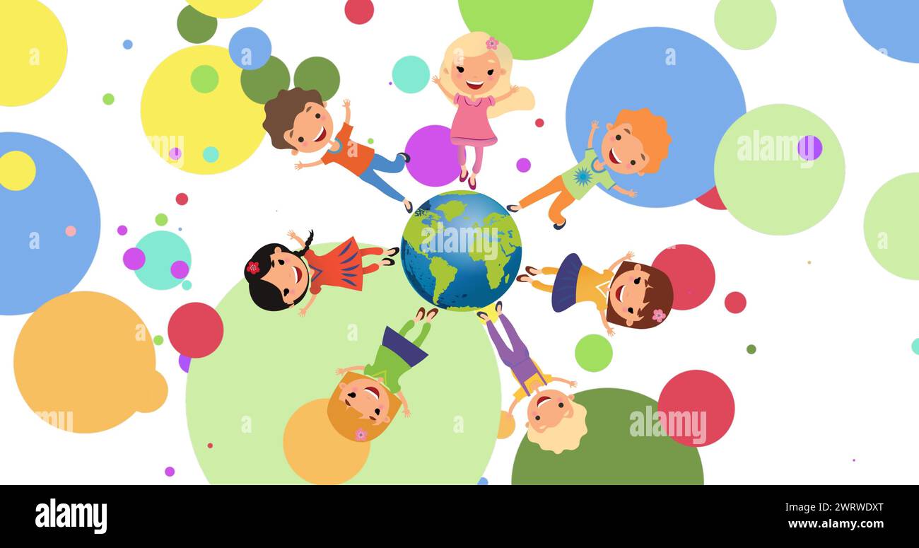 Imagen de diversos niños y el icono del globo sobre fondo blanco Foto de stock