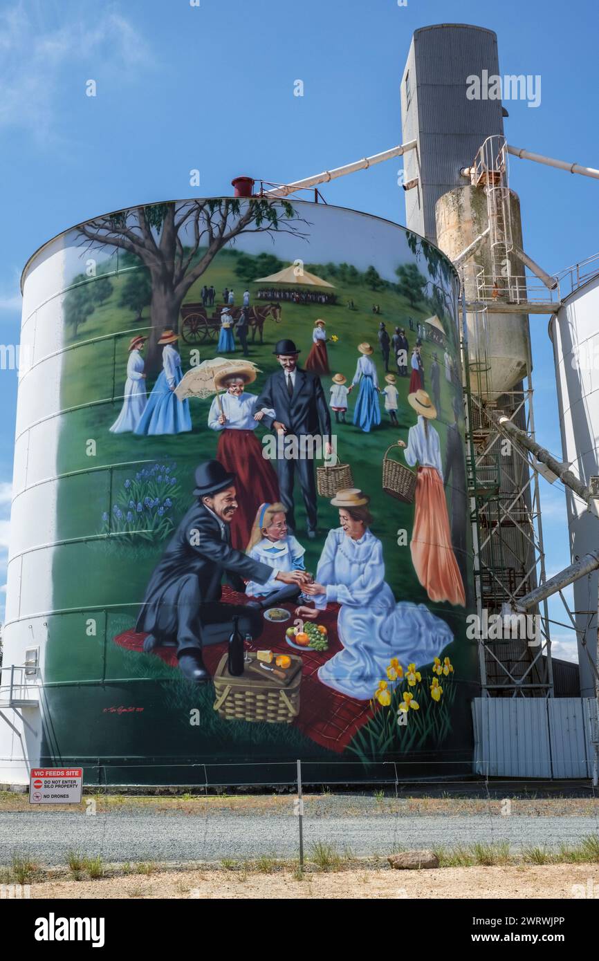 Un silo de grano decorado en Colbinabbin - parte de la ruta de arte del silo, Victoria, Australia Foto de stock