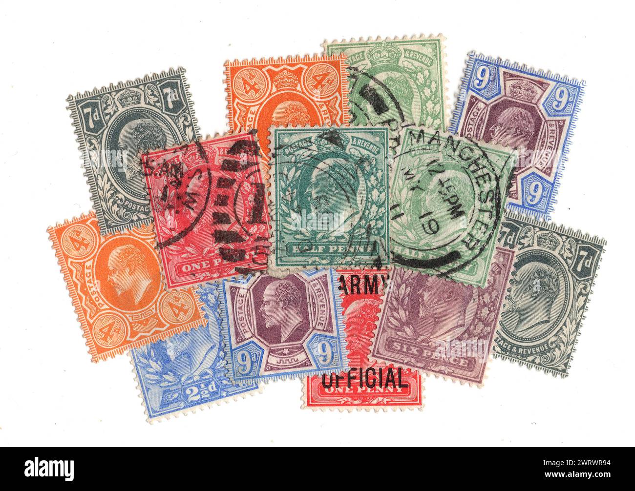Vintage Rey Eduardo VII sellos postales de Gran Bretaña aislados en un fondo blanco. Foto de stock