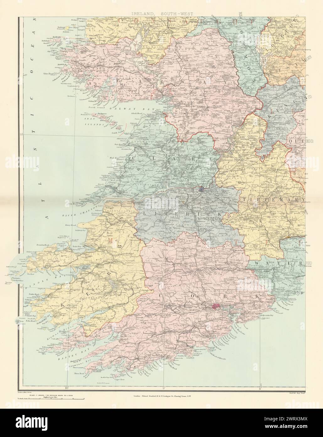 Irlanda del sur-oeste de Munster Kerry Cork LIMERICK Limerick Clare. Mapa de 1896 de Stanford Foto de stock
