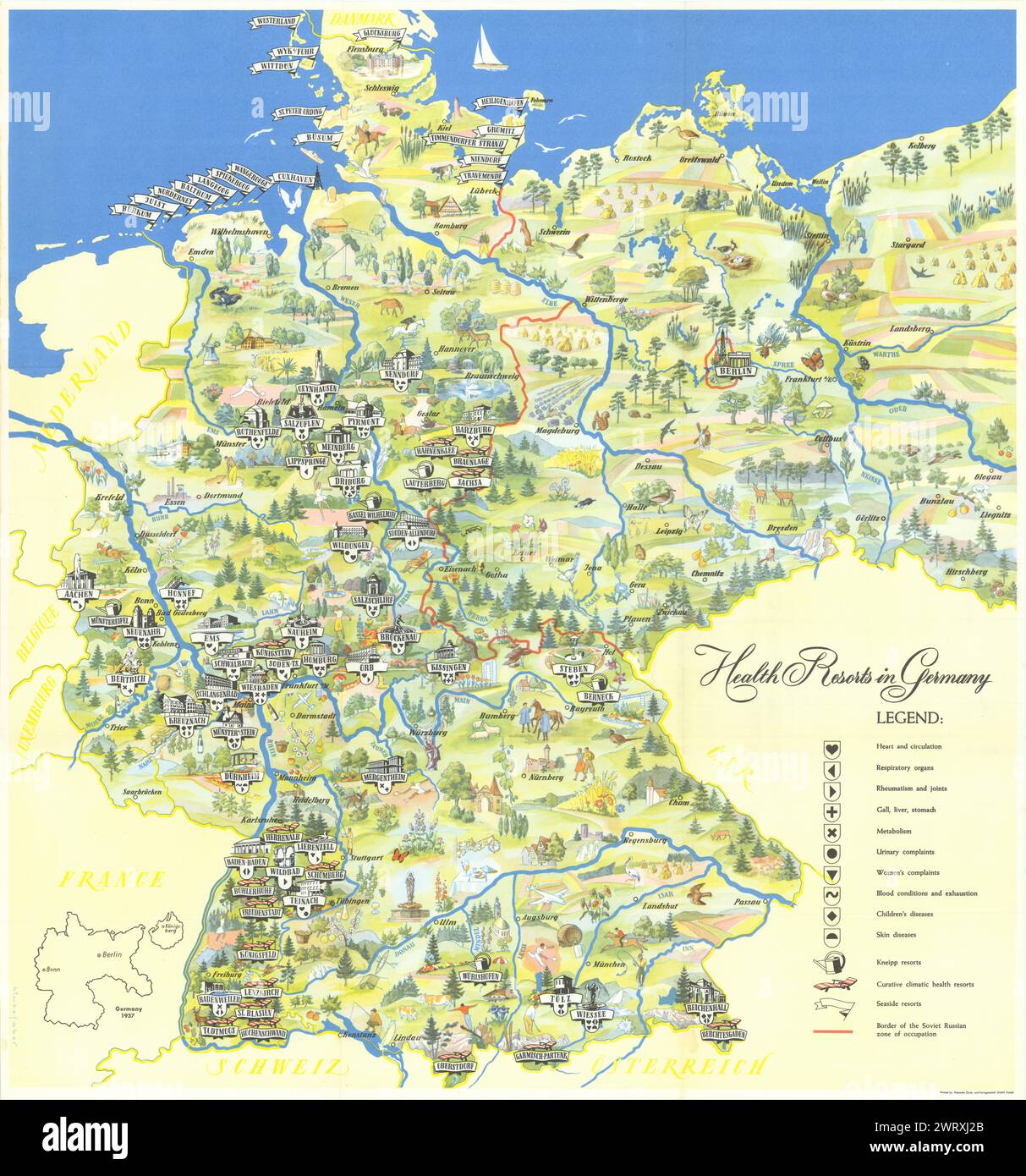 Clínicas en Alemania. Mapa de póster pictórico. Himkefaber 1958 años Foto de stock