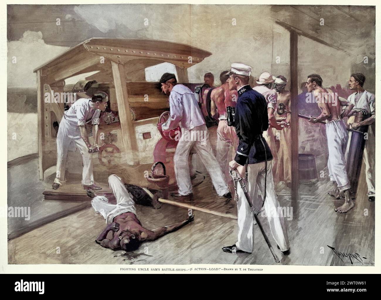 Marineros de ilustración vintage disparando un cañón en un acorazado de la Armada de los Estados Unidos durante la guerra hispano-americana , historia militar, victoriano, siglo 19. Foto de stock