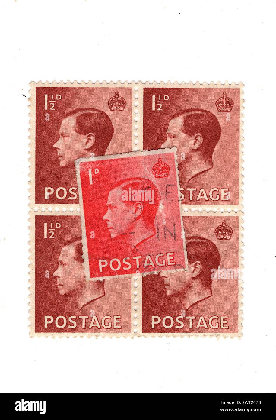Vintage Rey Eduardo VIII sellos postales de Gran Bretaña aislados sobre un fondo blanco. Foto de stock