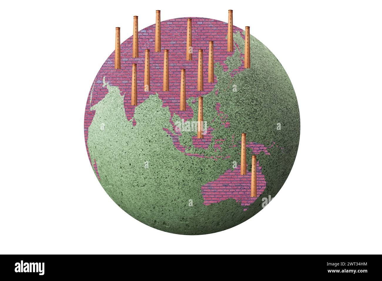 Tierra con los continentes de Asia y Australia cubiertos por las chimeneas de sus fábricas. Concepto de contaminación y calentamiento global. Foto de stock