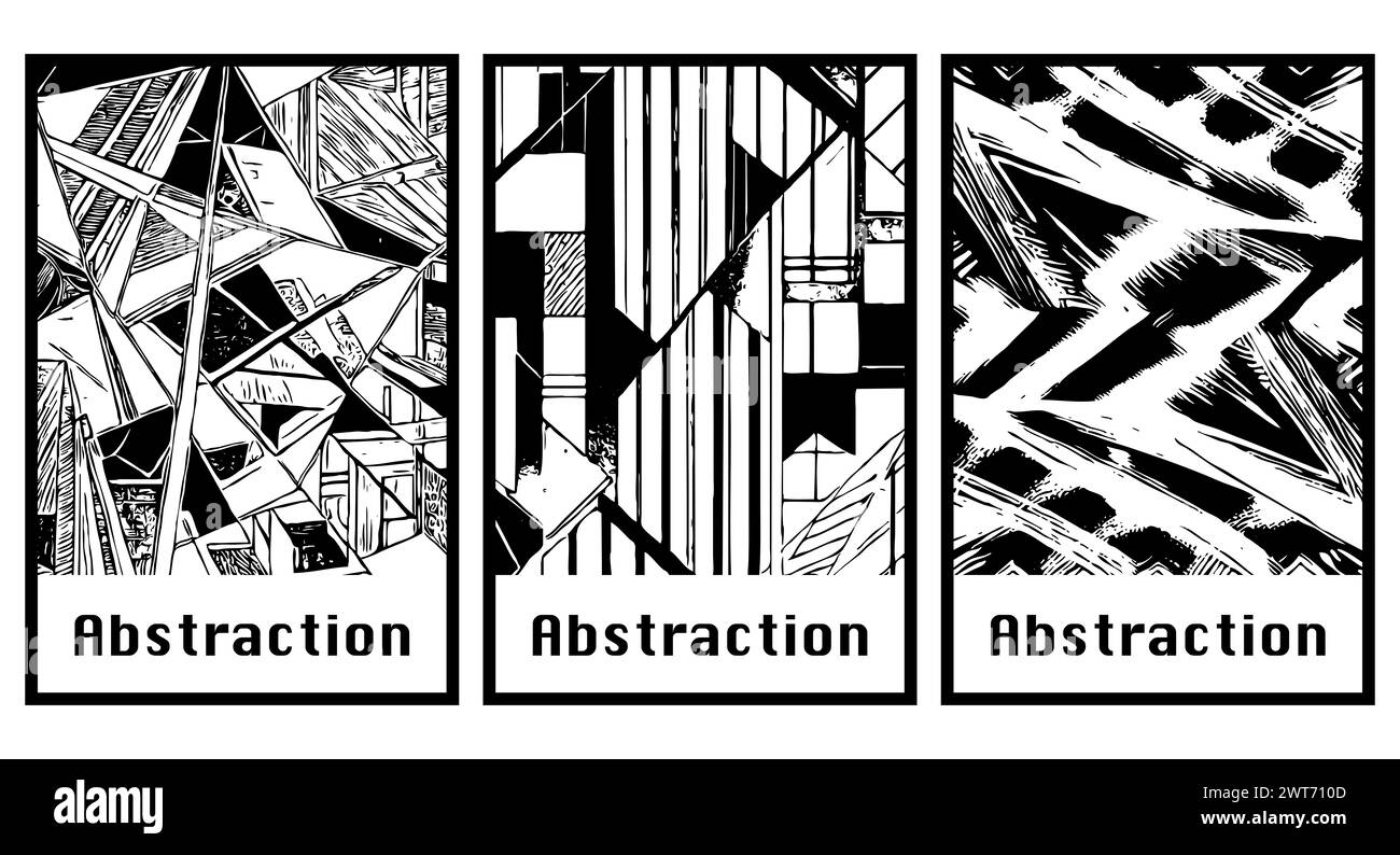 Conjunto de 3 Fondo abstracto en blanco y negro . Diseño para ropa, textiles, decoraciones de pared. Foto de stock