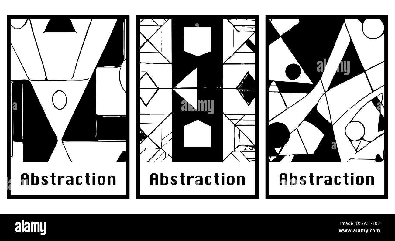 Conjunto de 3 Fondo abstracto en blanco y negro . Diseño para ropa, textiles, decoraciones de pared. Foto de stock