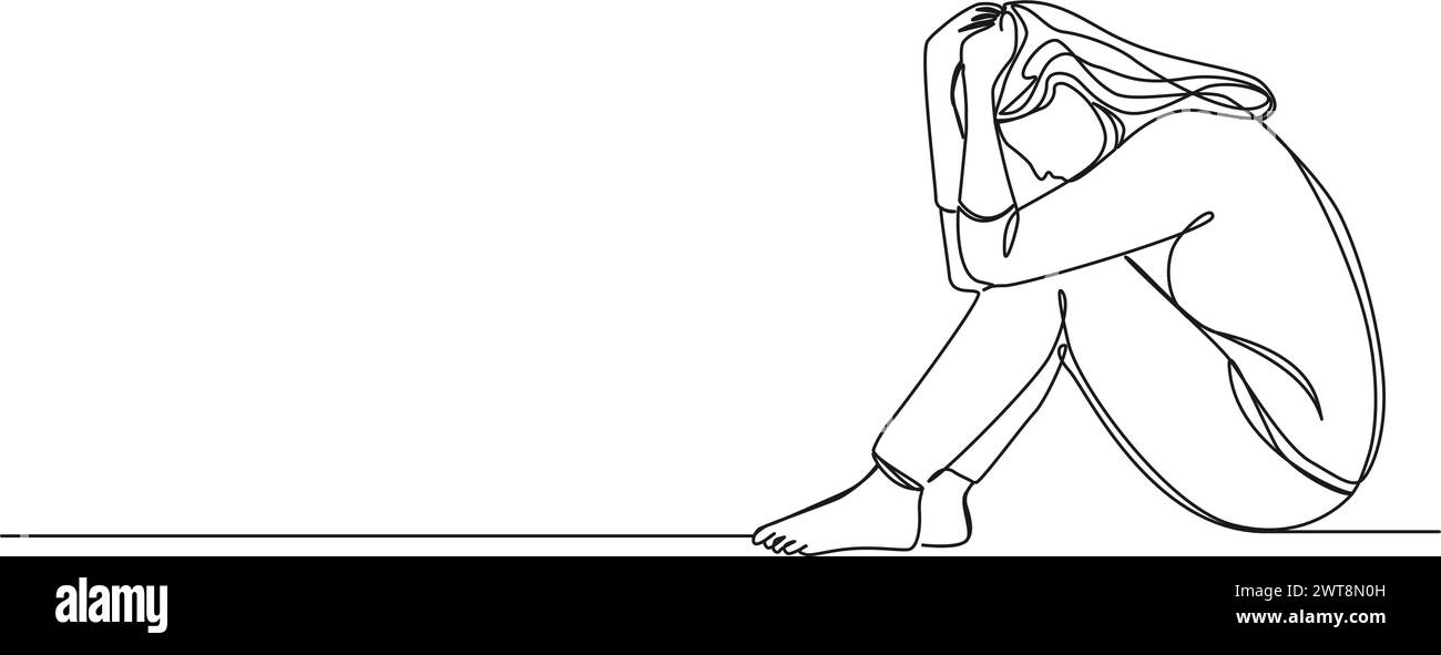 dibujo continuo de una sola línea de mujer en estado de ánimo triste sentado en el piso sosteniendo su cabeza, ilustración vectorial de arte de línea Ilustración del Vector