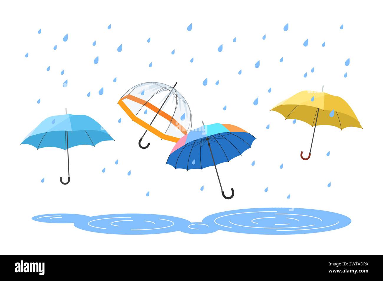 Los paraguas abiertos protegen de las gotas de lluvia en otoño, verano o lluvia de primavera, póster de clima lluvioso. Grupo de paraguas con manijas de diferentes colores e ilustración vectorial de dibujos animados de tela impermeable Ilustración del Vector