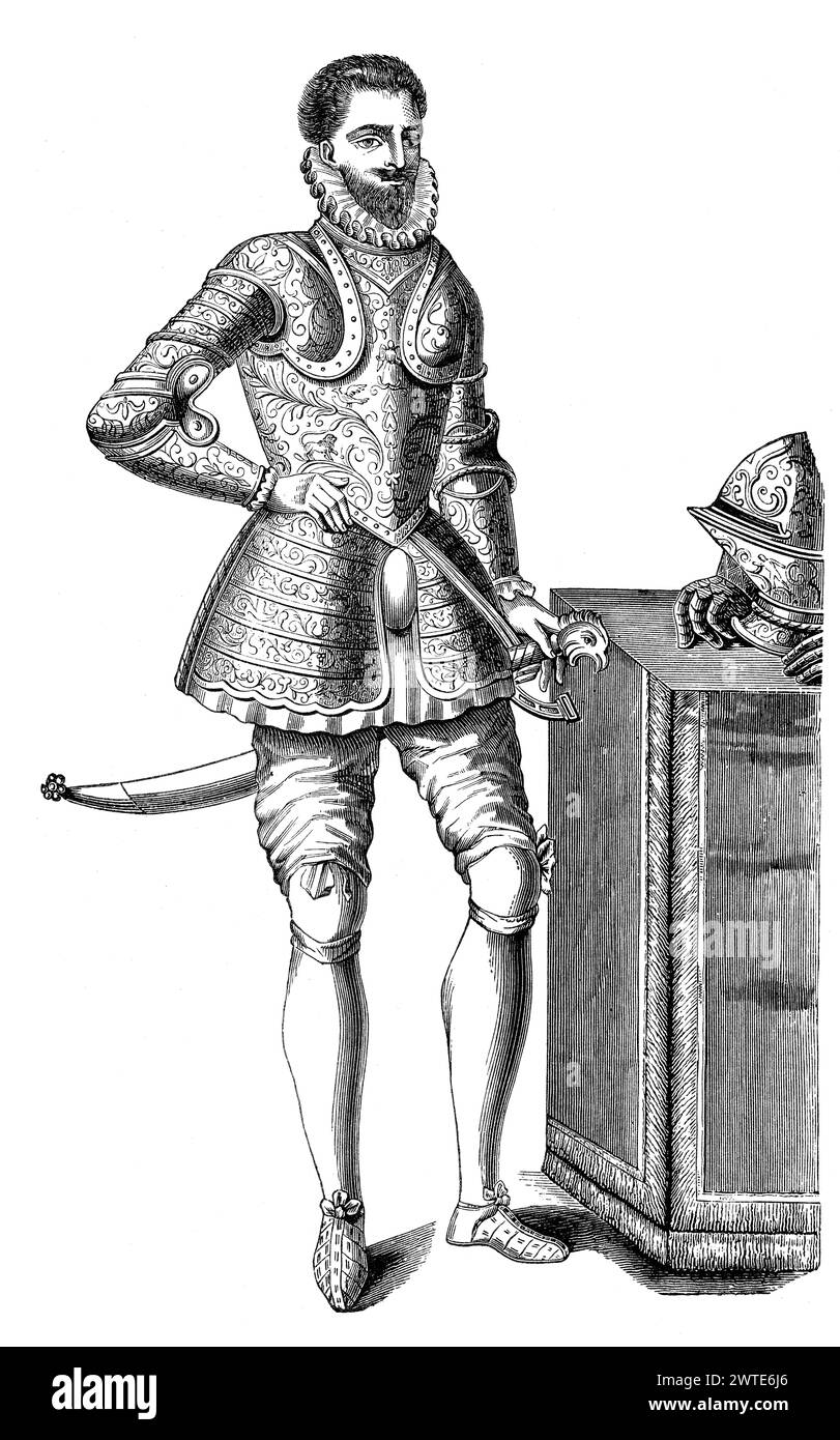 Monsieur François, duque de Anjou y Alençon con una armadura damnificada, siglo XVI Foto de stock