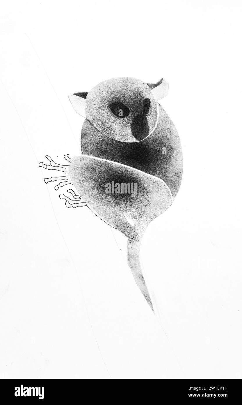 un lémur dibujado a mano con sello con pintura de tempera negro sobre papel blanco Foto de stock