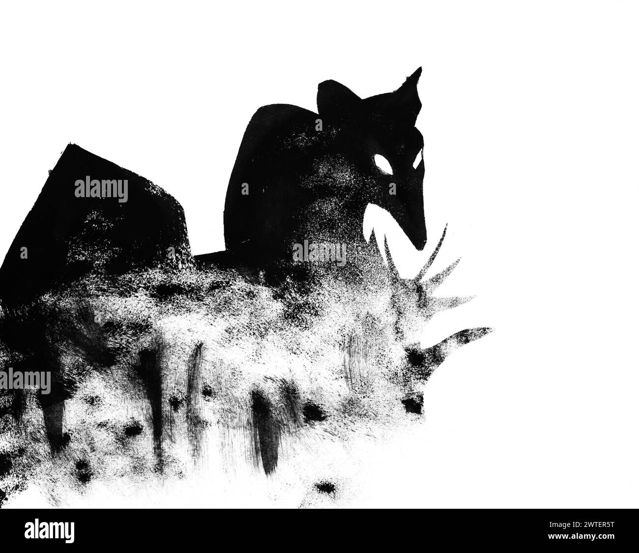 Silueta de rata sentada en hierba dibujada a mano con sello con pintura de tempera negro sobre papel blanco Foto de stock