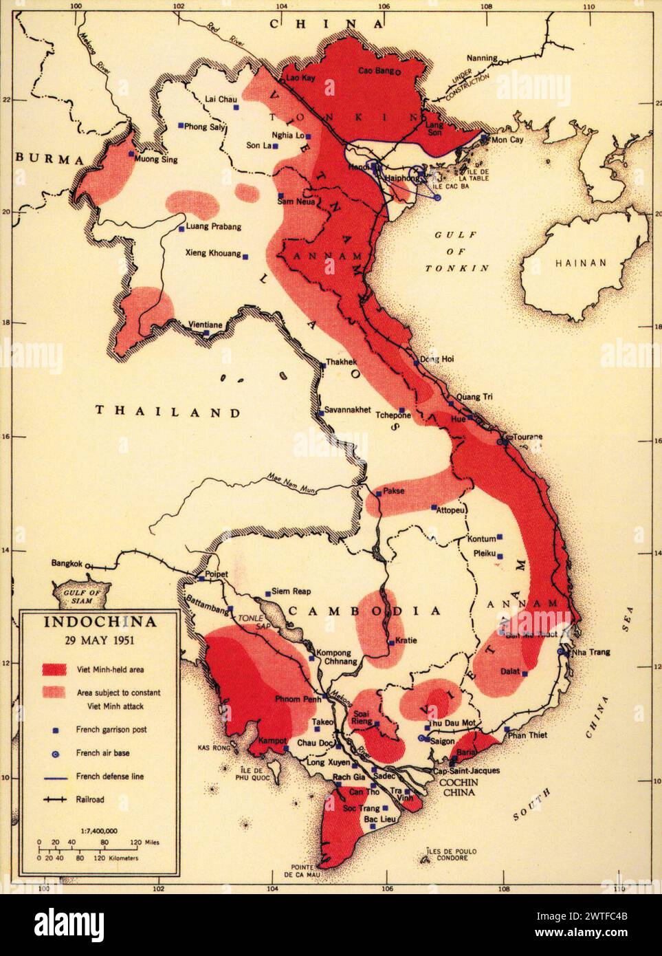 Mapa vintage de la CIA de Indochina, territorios coloniales franceses en el sudeste asiático, 1951. Foto de stock