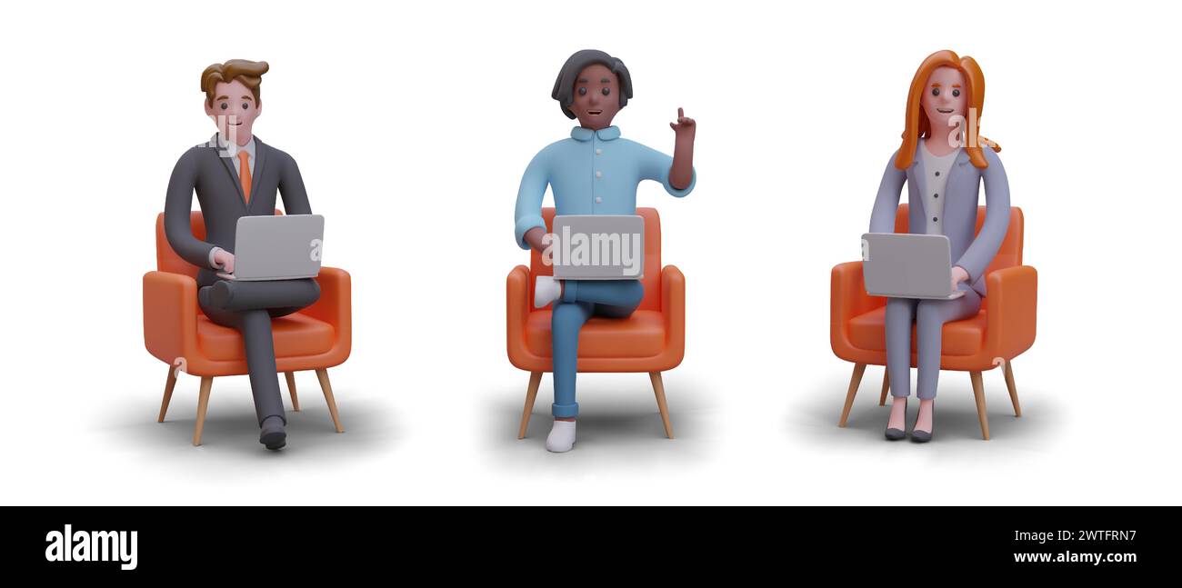 Conjunto de caracteres vectoriales de trabajadores de oficina. Hombres y mujeres sentados con computadoras portátiles en sillas en diferentes poses. Vista frontal. Ilustración de color aislado i Ilustración del Vector