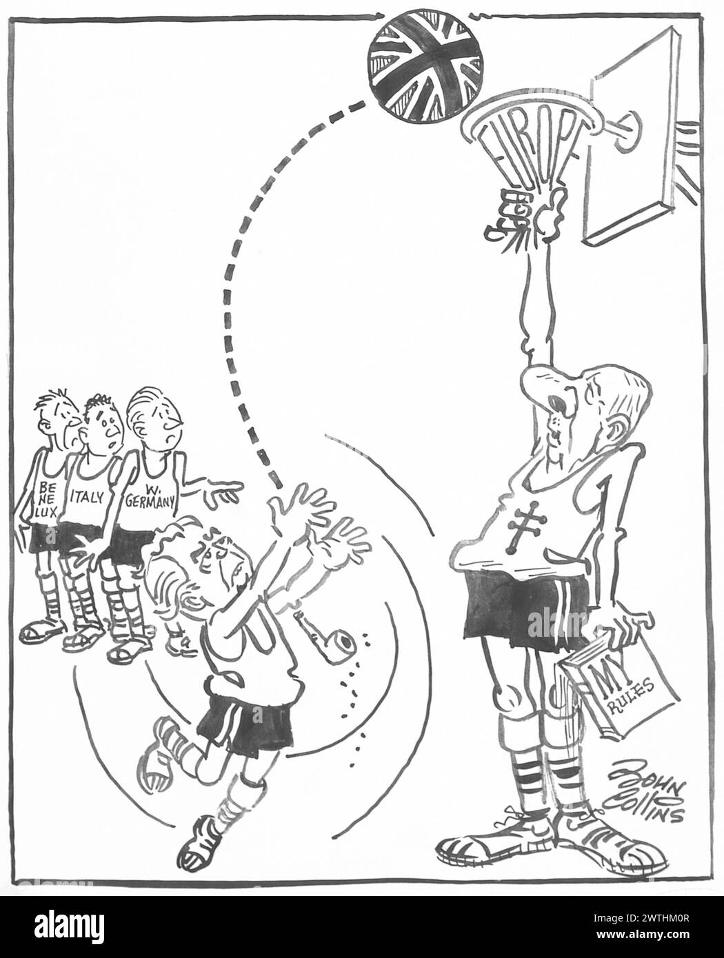 Dibujos animados - Adivina quién es el Capitán del Equipo, el goleador oficial y el árbitro. John Collins (1917-2007) Foto de stock