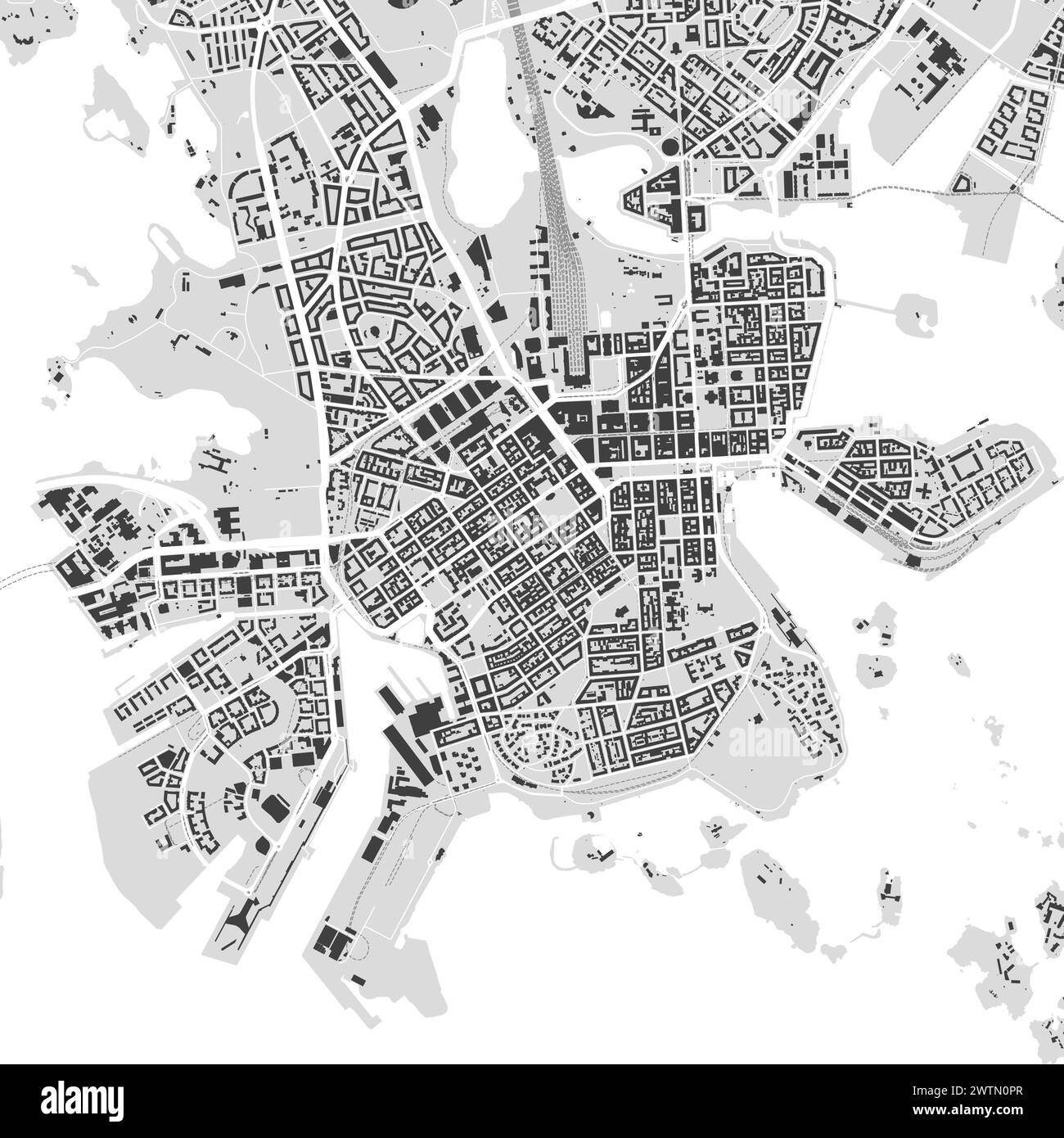 Mapa de Helsinki, Finlandia. Mapa de la ciudad en color escala de grises, mapa de calles vectorial con caminos y golfos. Ilustración del Vector