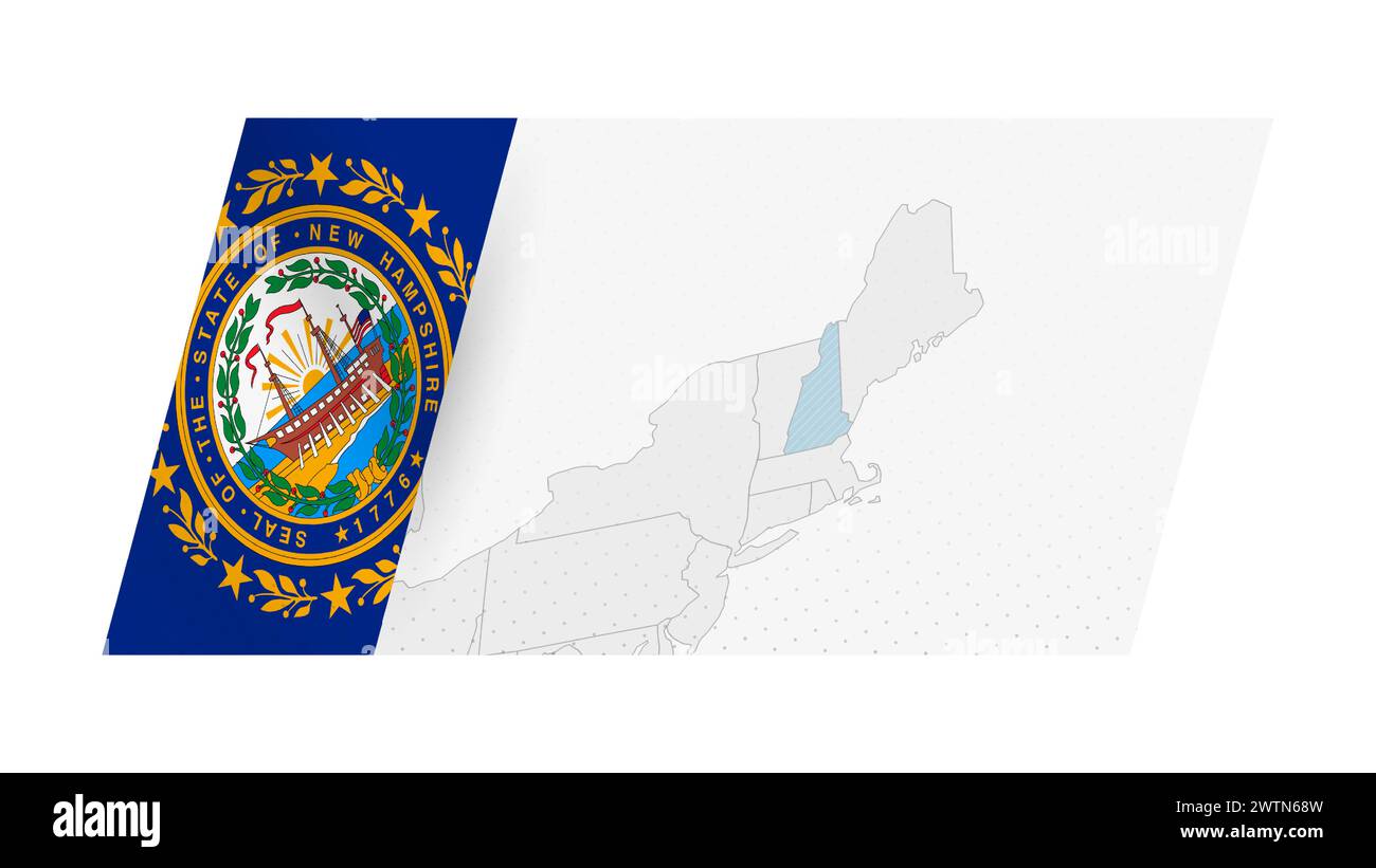 Mapa de New Hampshire en estilo moderno con la bandera de New Hampshire en el lado izquierdo. Ilustración vectorial de un mapa. Ilustración del Vector