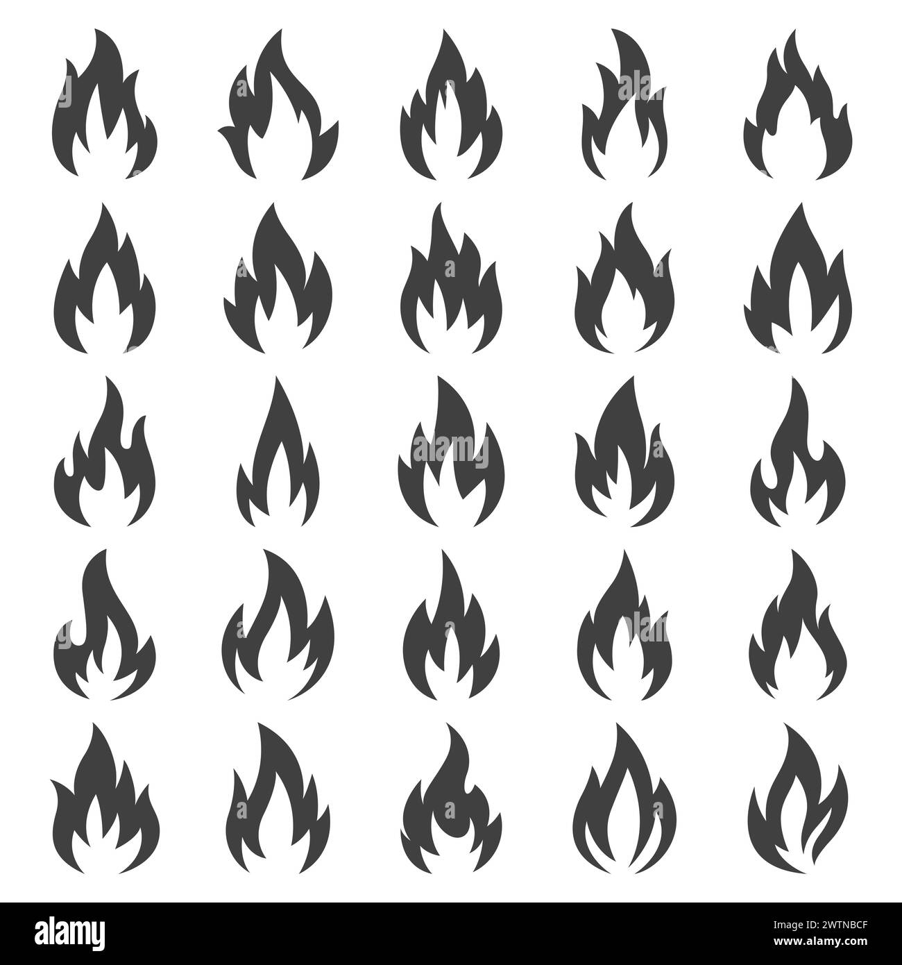 Vector Fire Flame Icon Set, aislado. Signo de forma de fogata, plantilla de diseño de hoguera para exteriores, aventura, concepto de naturaleza. Negro Blanco Color Llama Ilustración del Vector