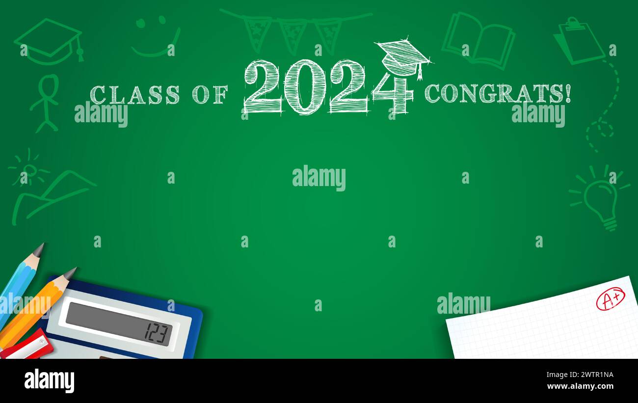 Clase de 2024 Felicitaciones, lápices y dibujos de tiza en una pizarra de la escuela verde. Texto de dibujo de tiza - clase de 2024 con tapa académica cuadrada. Vector Ilustración del Vector