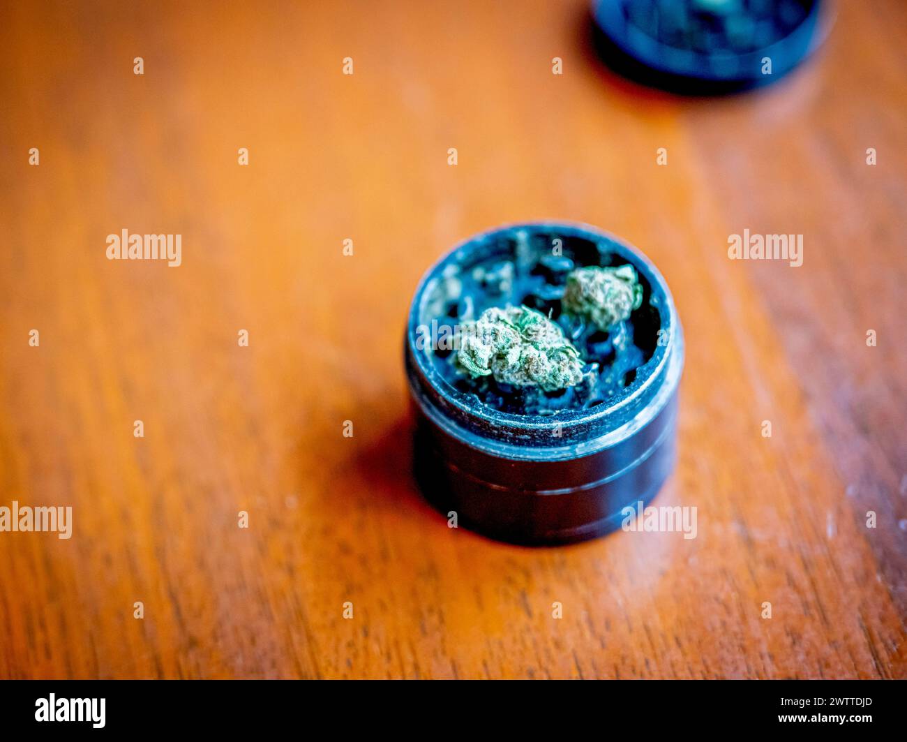Brotes de cannabis en un pequeño molino negro sobre una superficie de madera. Foto de stock